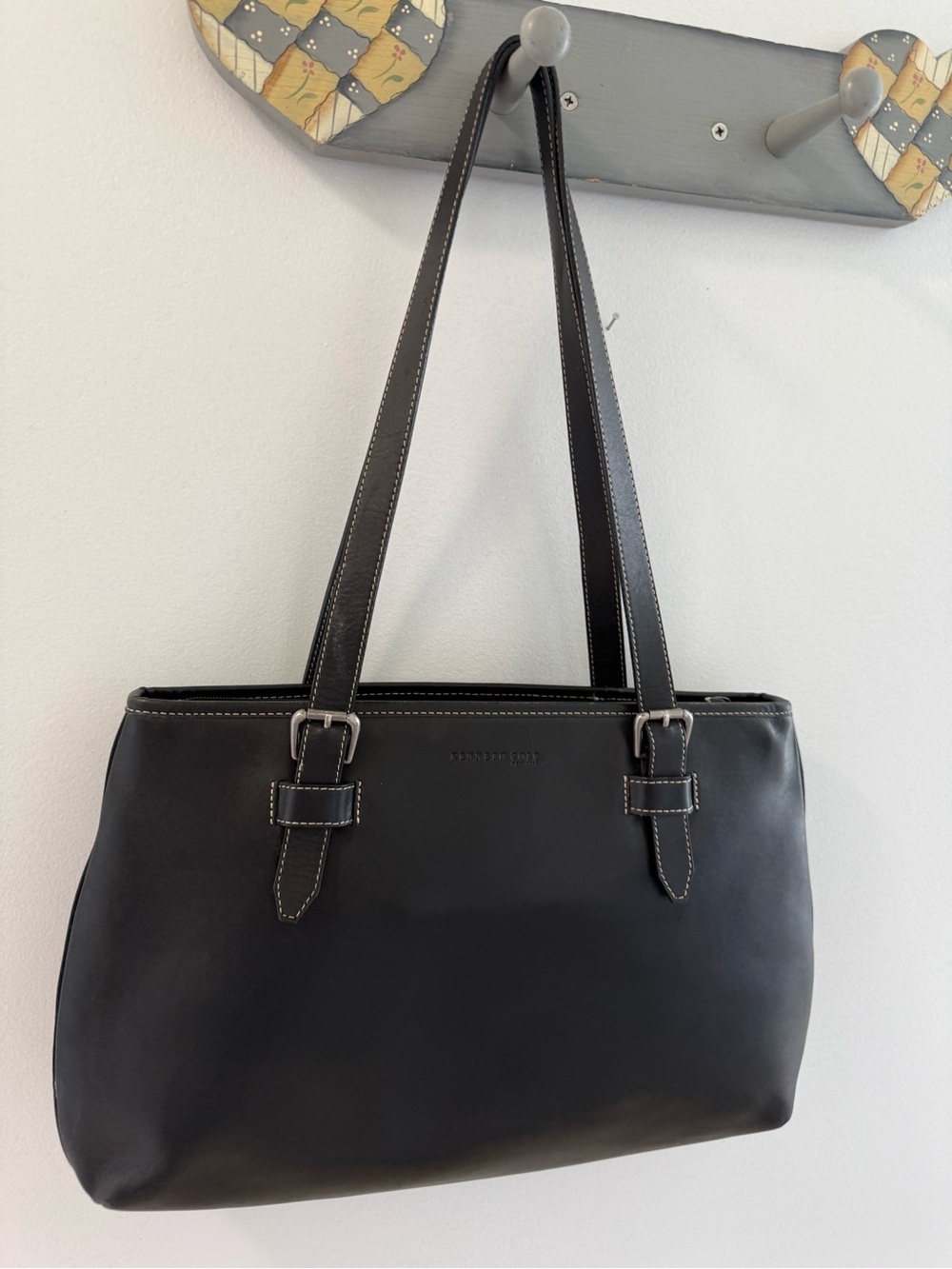 Kenneth Cole Black Leather Tote with White Contrast Stitching the leather is